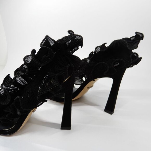Gianni Bini Franz Sandals High Heels Size 6 Black Suede Chiffon Ruffle NEW - Picture 9 of 15